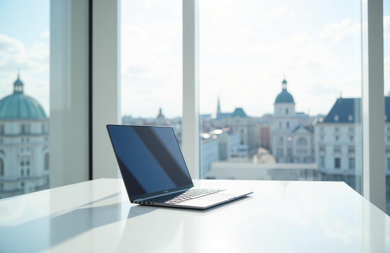 Minimalistisches Reise-Setup mit Laptop und Globus am Fenster