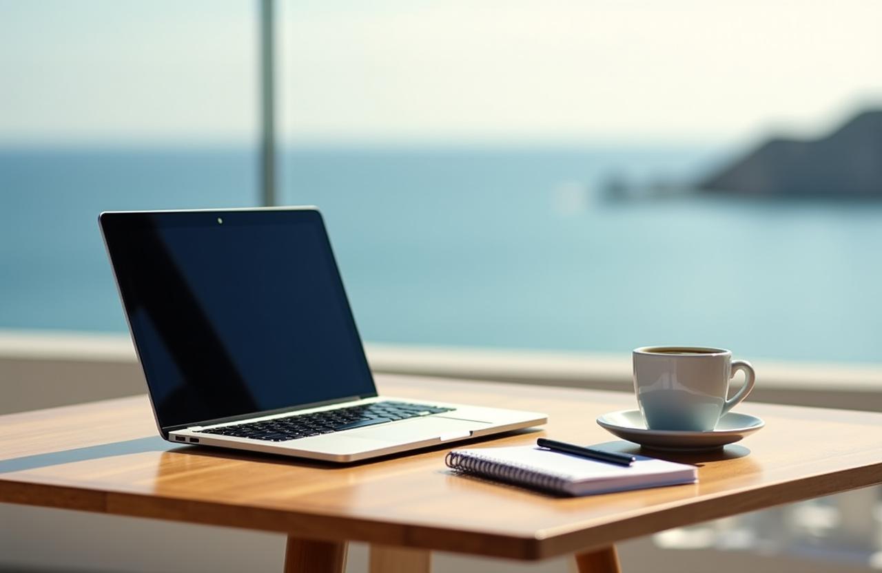 Professioneller Arbeitsplatz am Meer mit Laptop und Kaffee